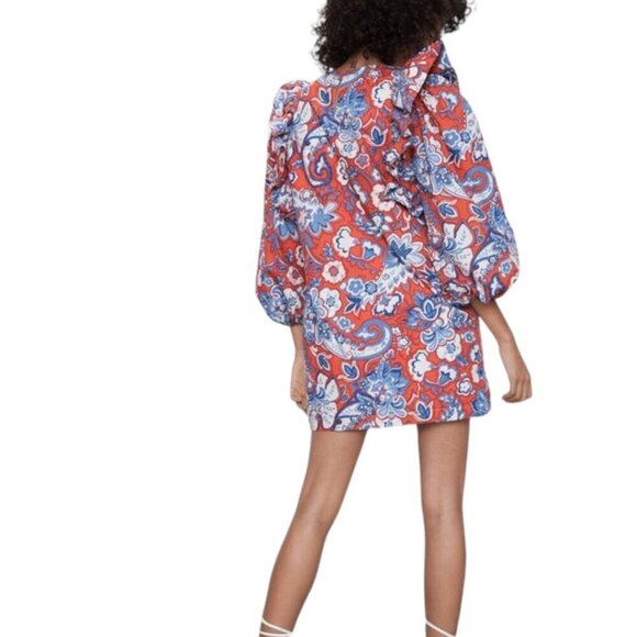 Zara Puff Sleeve Ruffle Floral Mini Dress Red Blue White - Picture 2 of 14